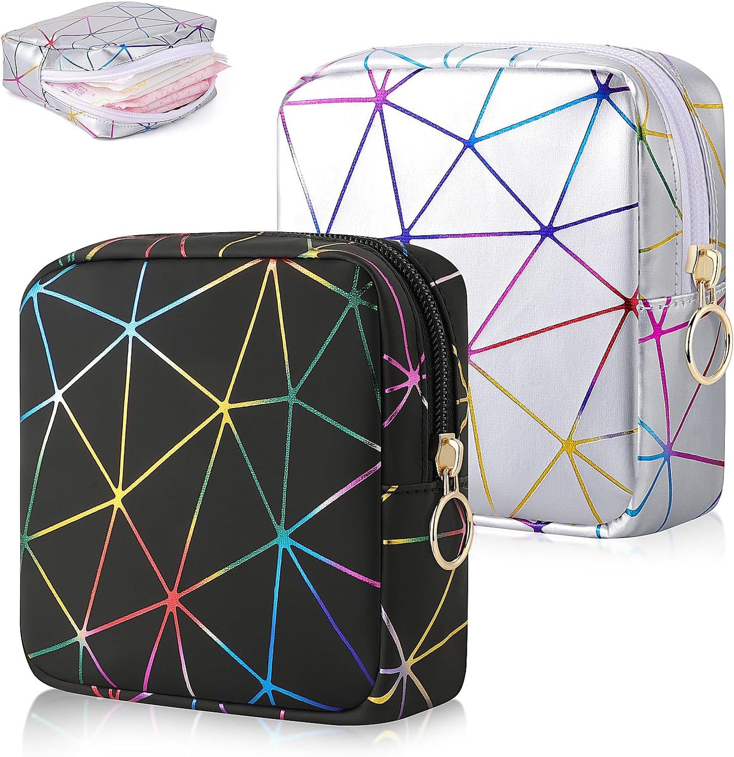 Desing Wish Sanitary Napkin Storage Bag, Menstrual Cup Pouch Nursing Pad Holder Tampon Bags Feminine Product Pouches Portable Period Kit Bag for Girls Women Ladies 2 Pack (Dazzling Black/Silver)