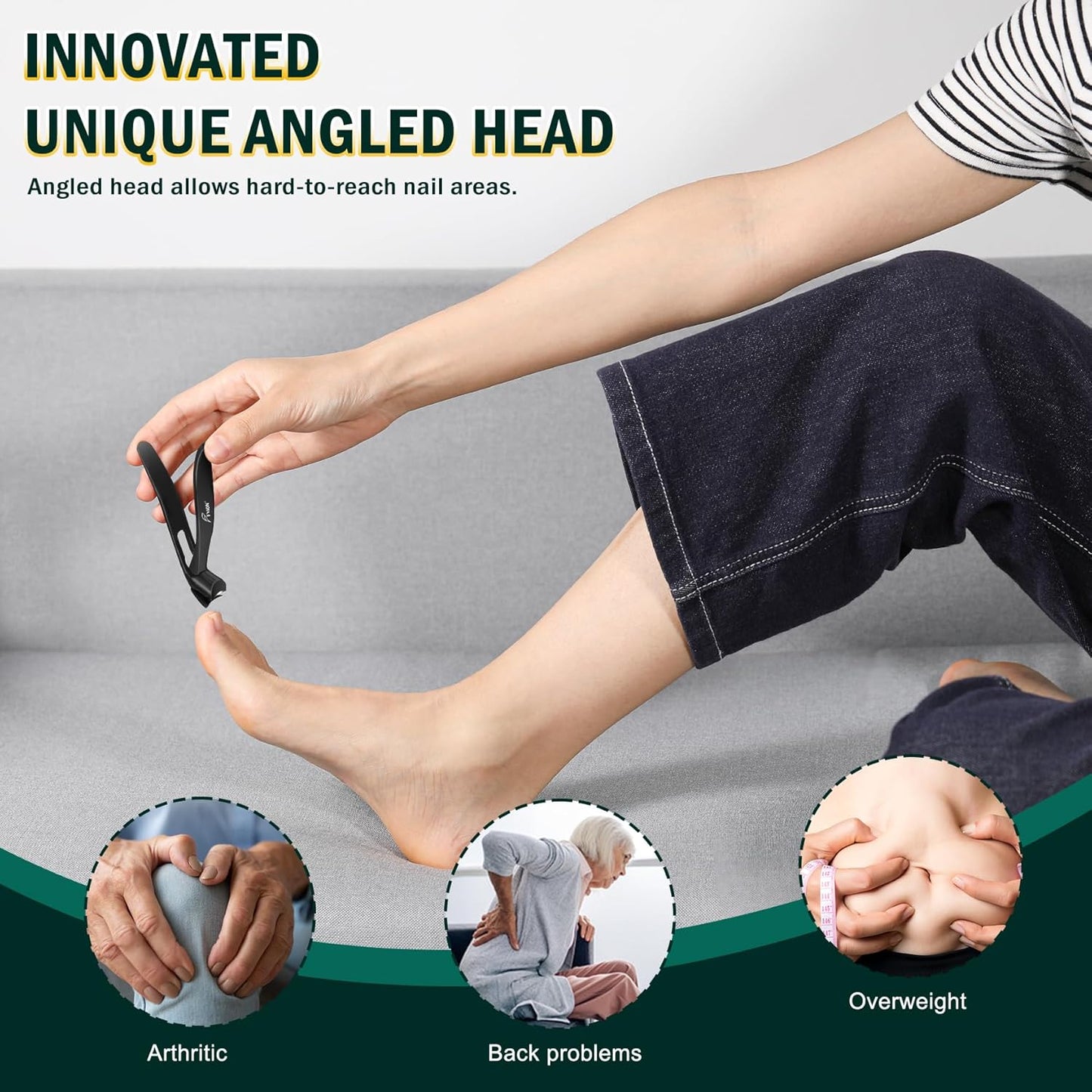 FVION 1Pcs Angled Head Nail Clippers for Seniors, Ergonomic Toenail Clipper for Thick Nails Trimming, Stainless Steel Nail Cutter Trimmer with Catcher for Men and Women (Black)