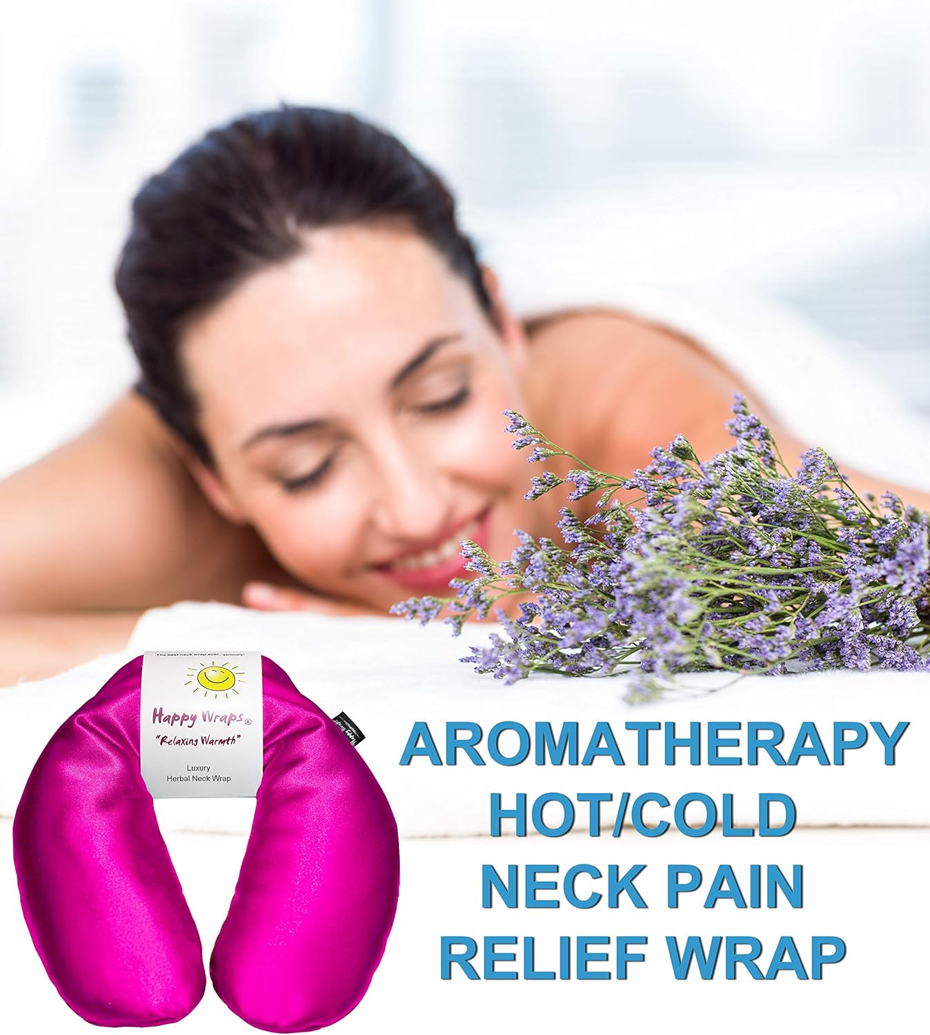 Microwavable Herbal Neck Wrap - Hot Cold Aromatherapy Neck Warming Pillow - Heating Pad for Migraines, Stress, Gifts for Women, Birthdays, Christmas and Free Sleep Mask - Hot Pink Satin