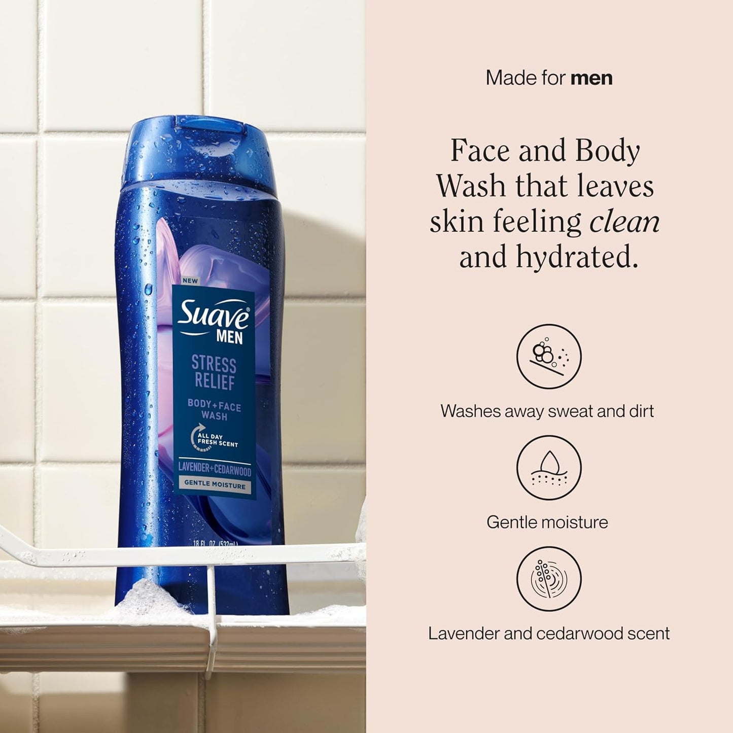Suave Men’s Stress Relief Body + Face Wash, Gentle Moisture with Lavender & Cedarwood All Day Fresh Scent, 18 oz, 6 Pack
