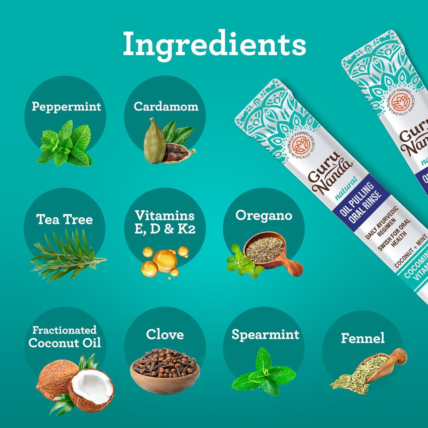 GuruNanda Travel Sachets Coconut Oil Pulling, Fresh Breath Mouthwash, 7 Essential Oils & Vitamins for Happy Teeth & Gums, 7 Sachets