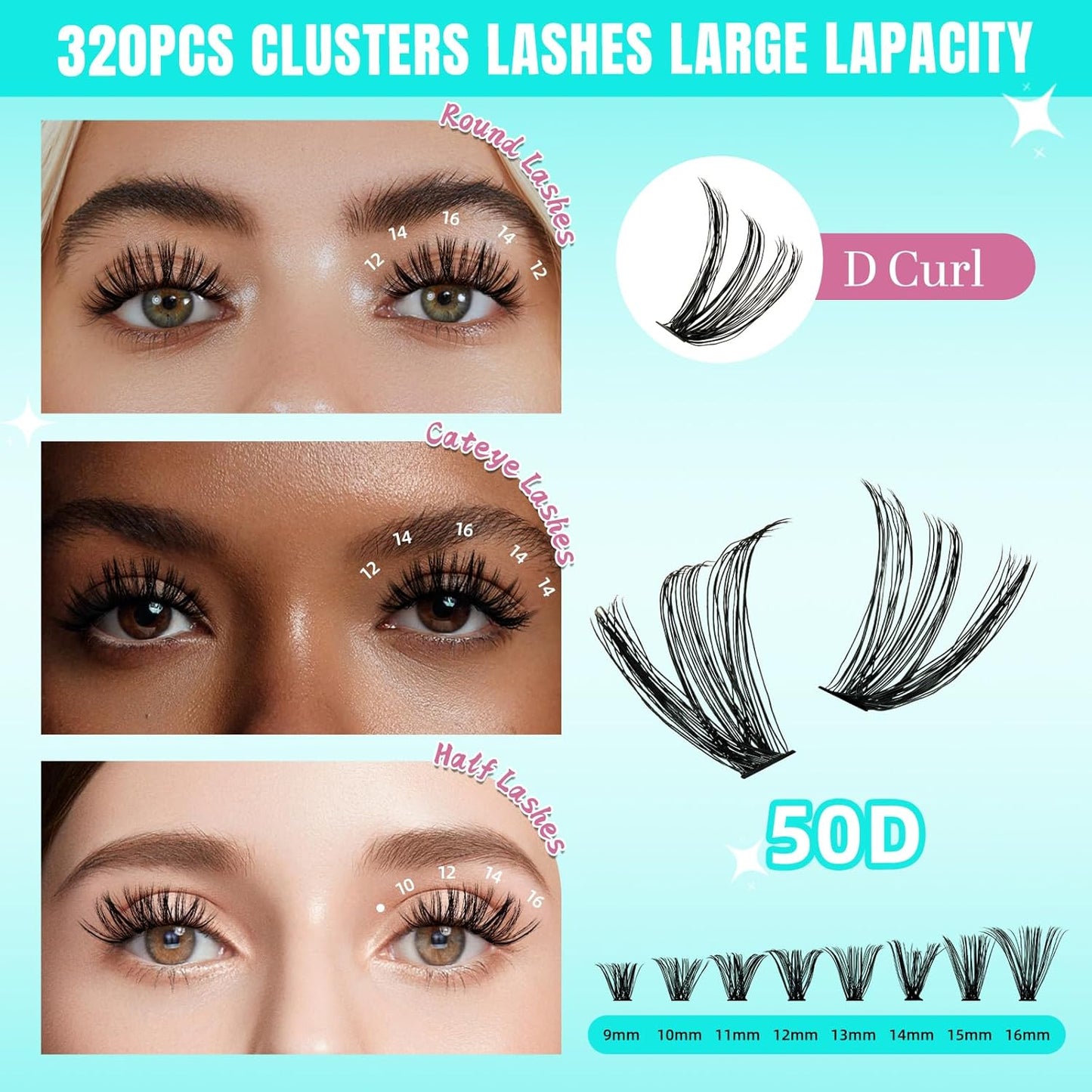 Lash Clusters Wispy 320PCS Eyelash Extension 50D Cluster Lashes Individual Lashes DIY Lash Extension Natural Look Cluster Eyelash Extensions Soft False Eyelashes at Home for Beginners(D-Mix9-16mm)
