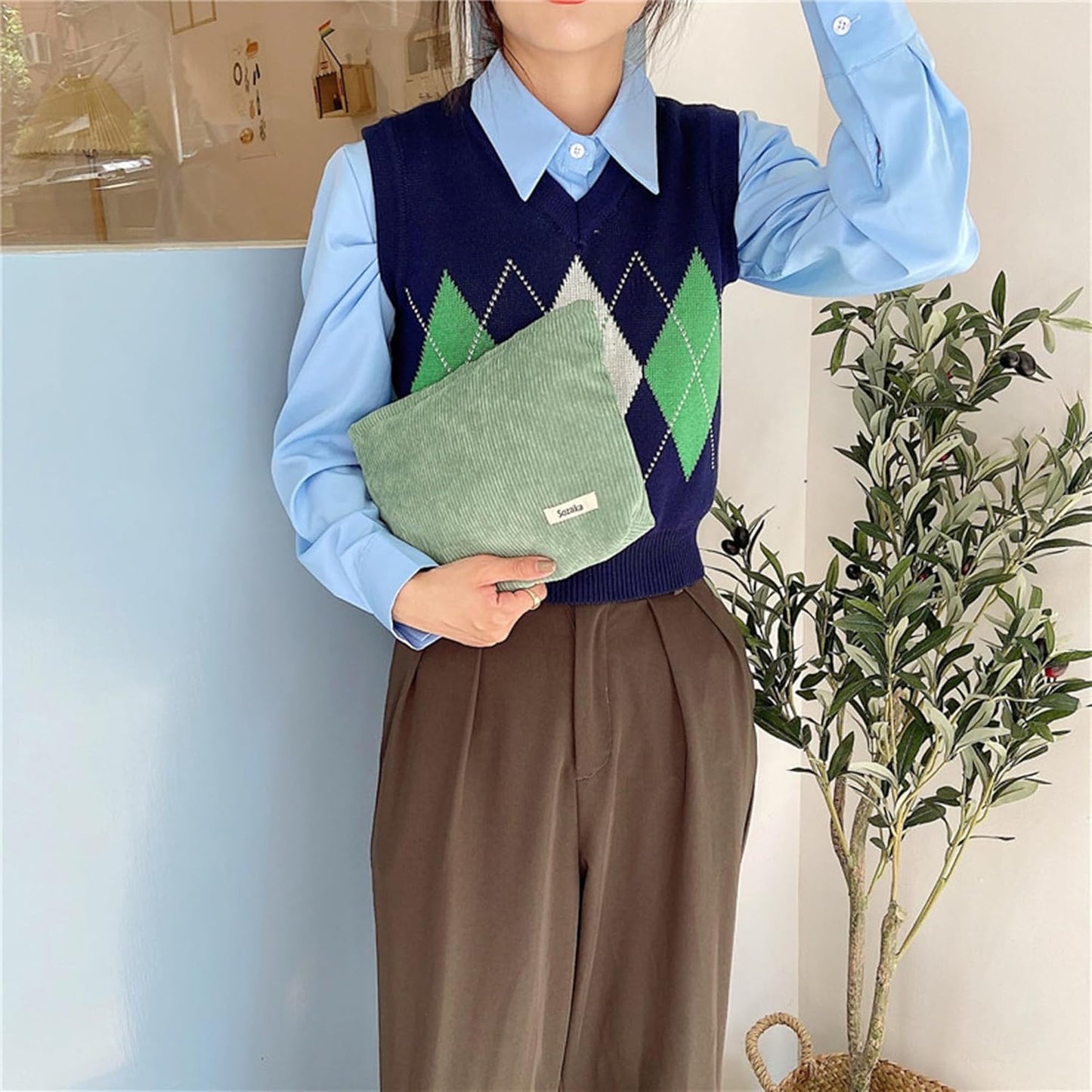 Cosmetic Bags for Women - Corduroy Cosmetic Bag Aesthetic Women Handbags Purses Smile Dots Makeup Organizer Storage Makeup Bag Girls Case Bags (Pure Green)