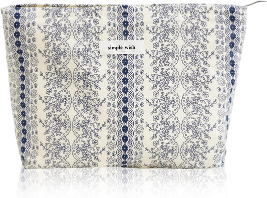 Wudygirl Makeup Bag Cute Cosmetic Bag for Women Large Capacity Makeup Pouch Travel Make-up Organizer Canvas Toiletry Bag Pouches for Purse with Zipper (Navy Blue Striped Floral)