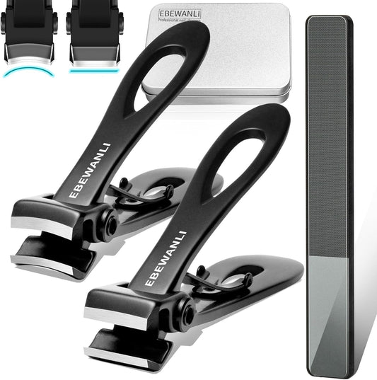 Nail Clippers Set, Toe Nail Clippers for Men, 17mm Wide Jaw Opening Toenail Clippers for Thick Toenails, Straight and Curved Blade Heavy Duty Toenail Clippers and File with Tin Case
