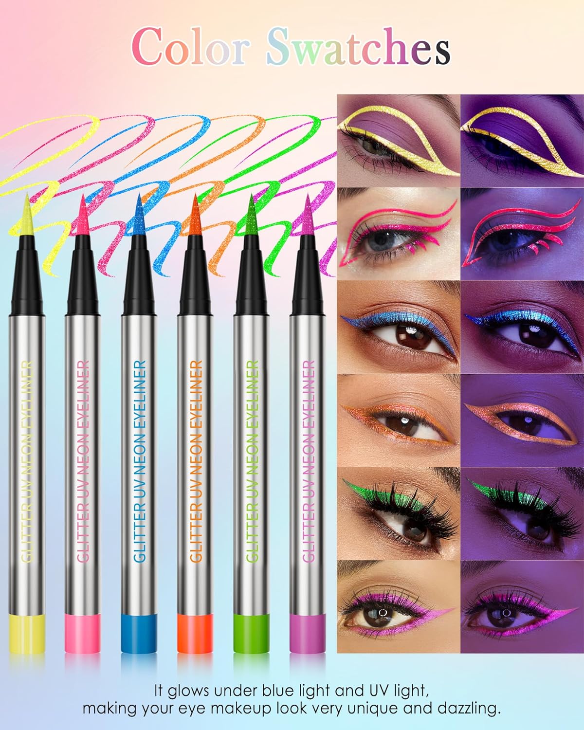 Glitter UV Neon Eyeliner Pencil, Waterproof Smudge-Proof Blue Eye Liner Liquid Pen, High-Pigment Shimmer Eyeliner Pen Long-Lasting Colorful Professional Makeup, Halloween Rave Party Gift for Women-03
