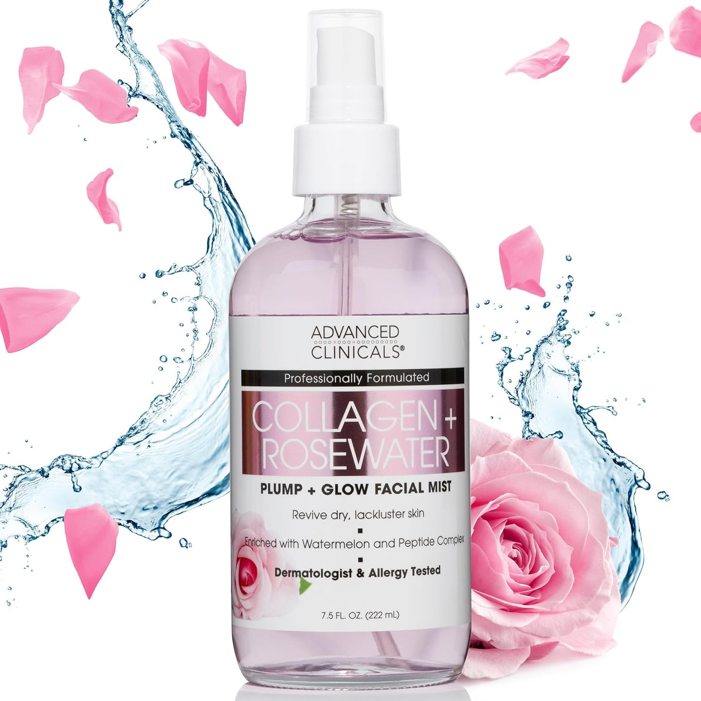 Advanced Clinicals Collagen + Rosewater Face Toner Skin Care Reviving & Hydrating Facial Mist for Face, Non-Greasy Instant Hydration Face Spray W/Pure Rose Water, Collage, & Natural Extracts, 8 Fl Oz