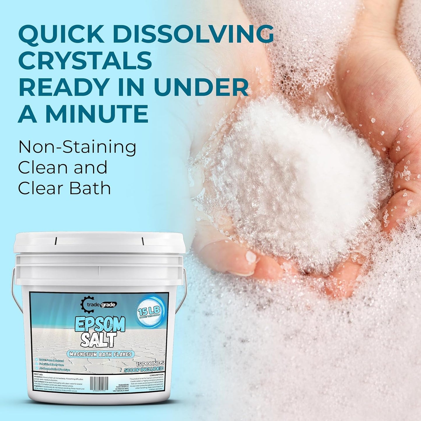 Epsom Salt Bath Soak 15 lb Bucket – Unscented, Pure Epsom Salt Bulk Crystals, Magnesium Sulfate for Full Body or Foot Soaks, Resealable Container with Scoop for Home Bath Use