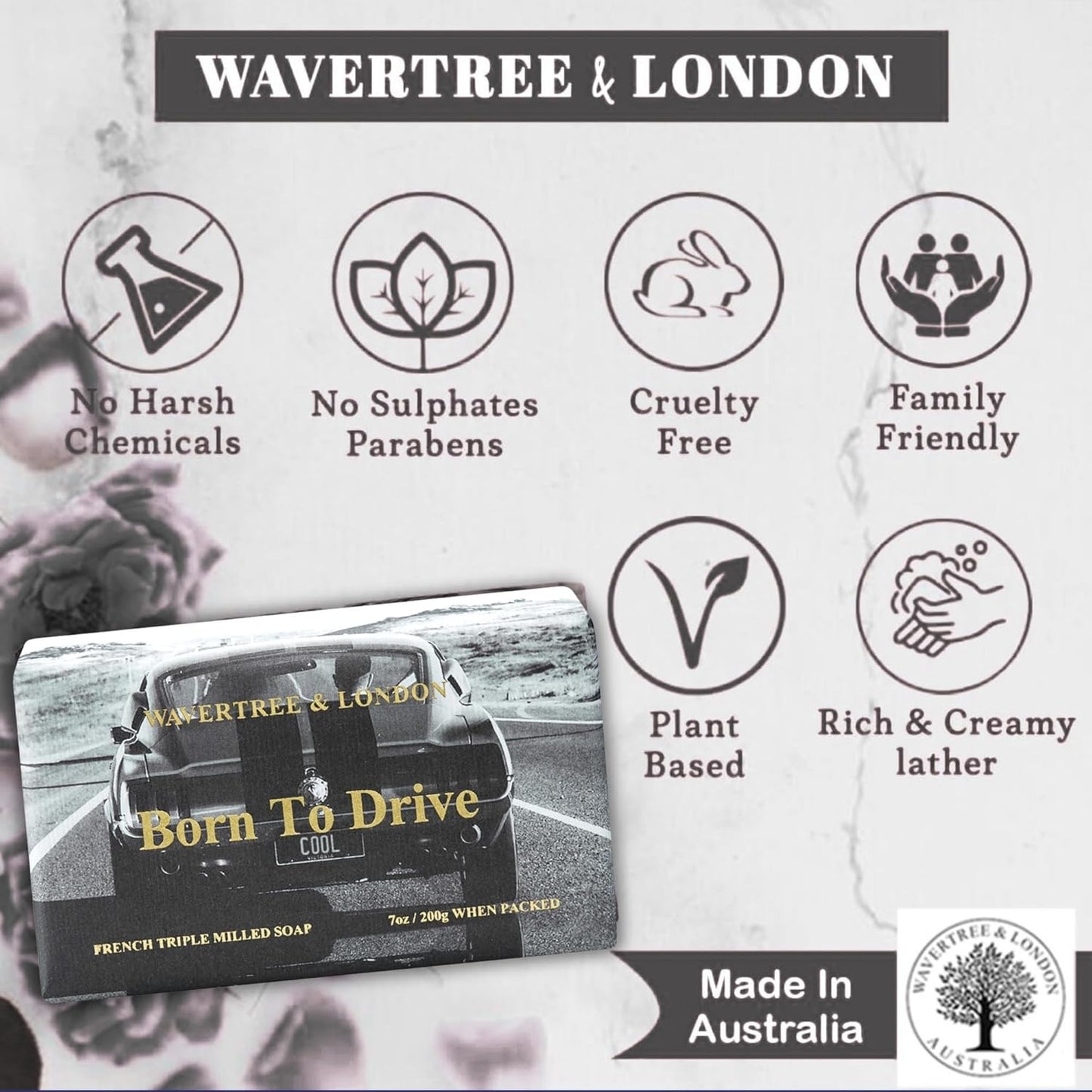 Wavertree & London Born To Drive Scented Natural Soap Bar, 7oz Moisturizing French Triple Milled Soap Bar for Women & Men