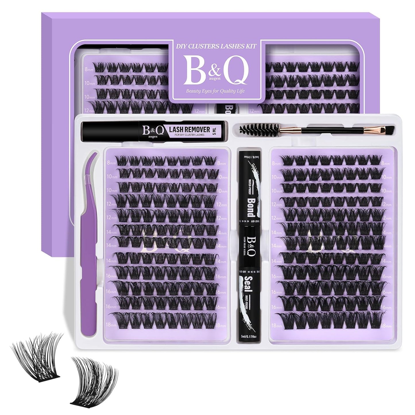 B&Qaugen Lash Extension Kit 192 PCS Eyelash Extension Kit D Curl Lash Clusters Kit Wispy Individual Lash Kit DIY Lash Extension Kit with Lash Glue and Remover Applications (B05+B06, Kit)
