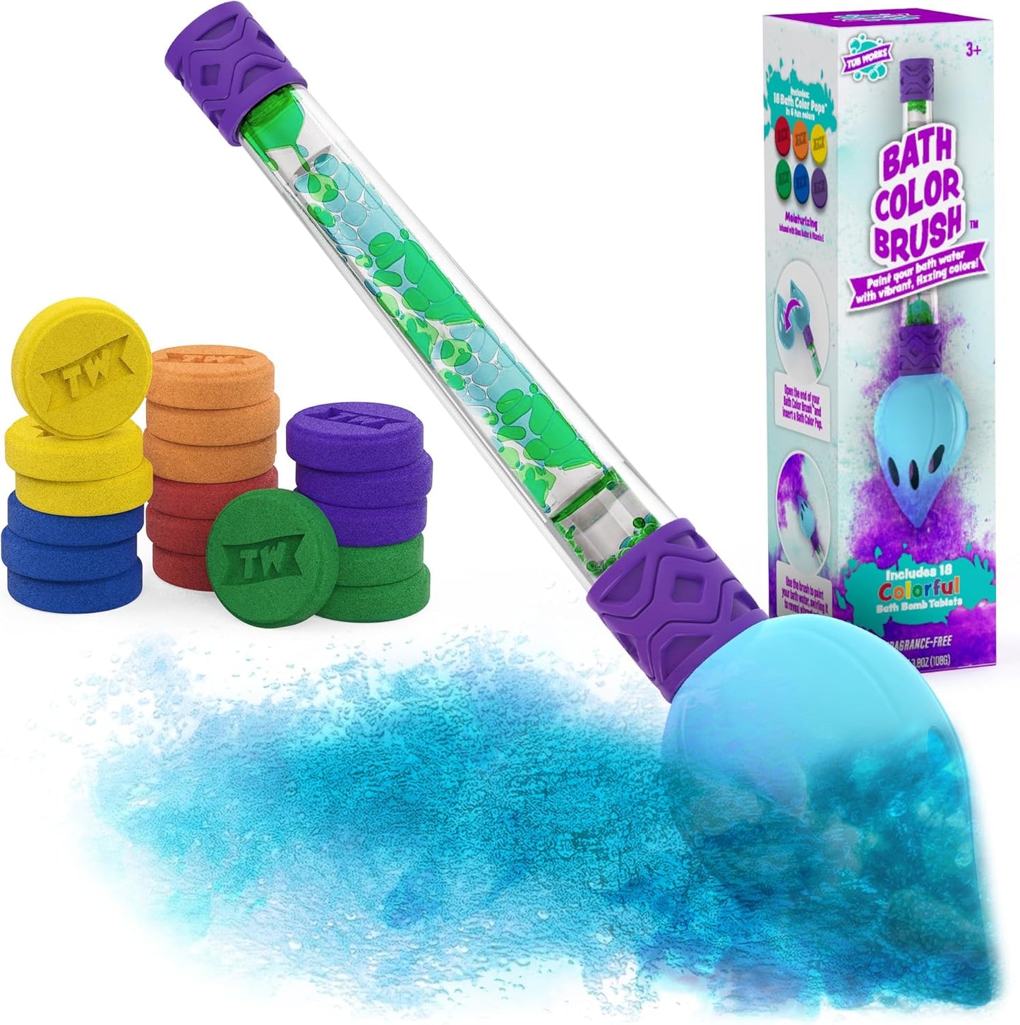 Tub Works® Bath Color Brush™ Kids Bath Bomb Set | Nontoxic & Fragrance-Free | Use Brush to Paint Water with Vibrant, Fizzing Colors | Fun BathBombs for Kids Bath | Creative Bathtub Toys for Toddlers