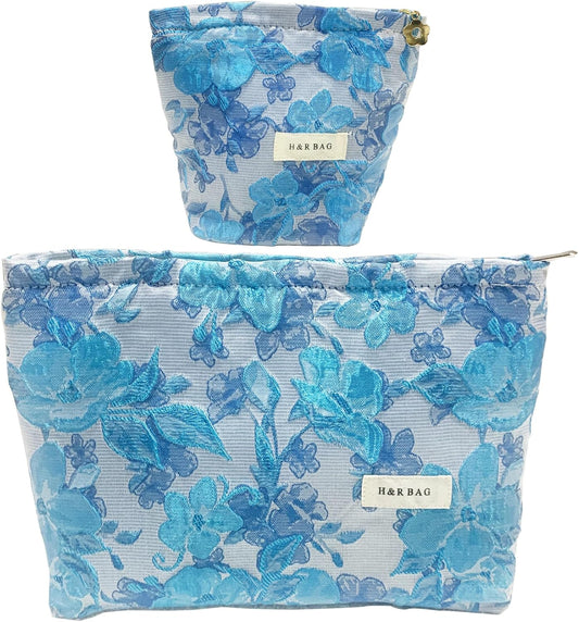 2 Pcs Makeup Bags, Large Cosmetic Bag Travel Toiletry Bag Organizer for Women, Embroidery Craft, Floral Makeup Bag Small Cosmetic Pouch Purse with Zipper Gifts for Girls Teen