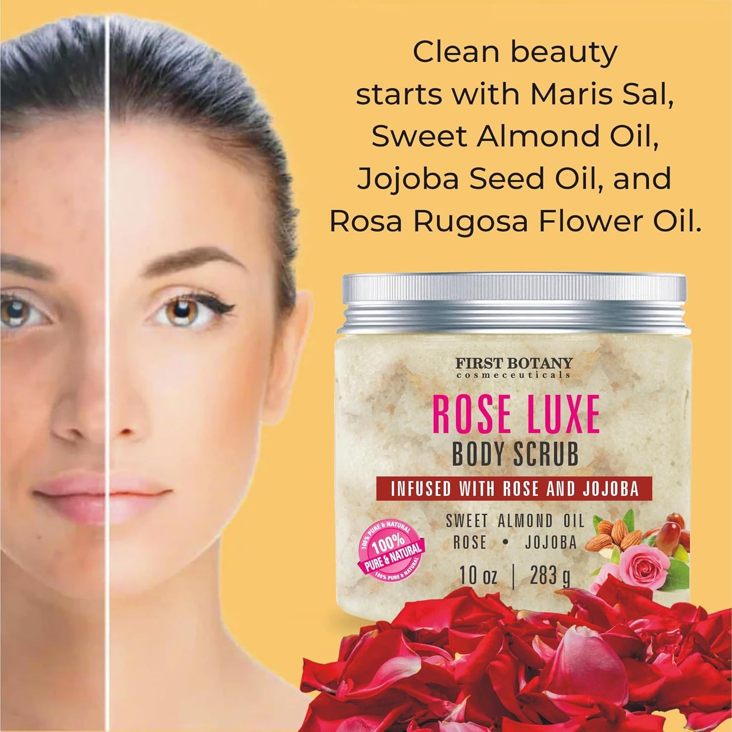 First Botany Body Scrub - Natural Exfoliating Salt Scrub & Body and Face Souffle helps with Moisturizing Skin, Acne, Cellulite, Dead Skin Scars, Wrinkles (10 fl oz, Rose)