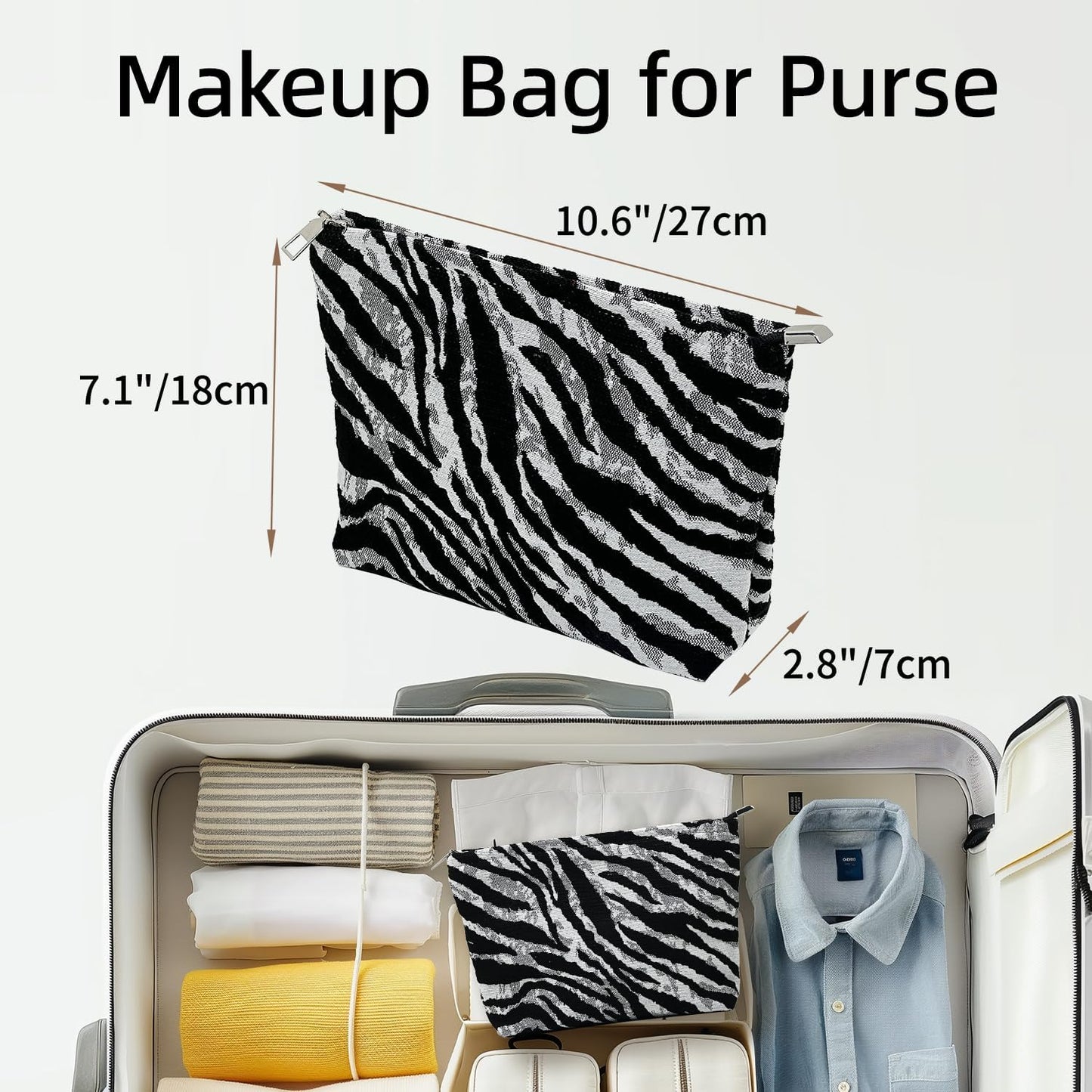 Zebra Print Makeup Bag for Women,Travel Make up Bag with Zipper Lining, Canvas Makeup Pouch for Purse, Cosmetic Pouch for Toiletry, Cosmetic, Sunscreen, Hygiene, Skincare, SPF, Medicine, Sunblock