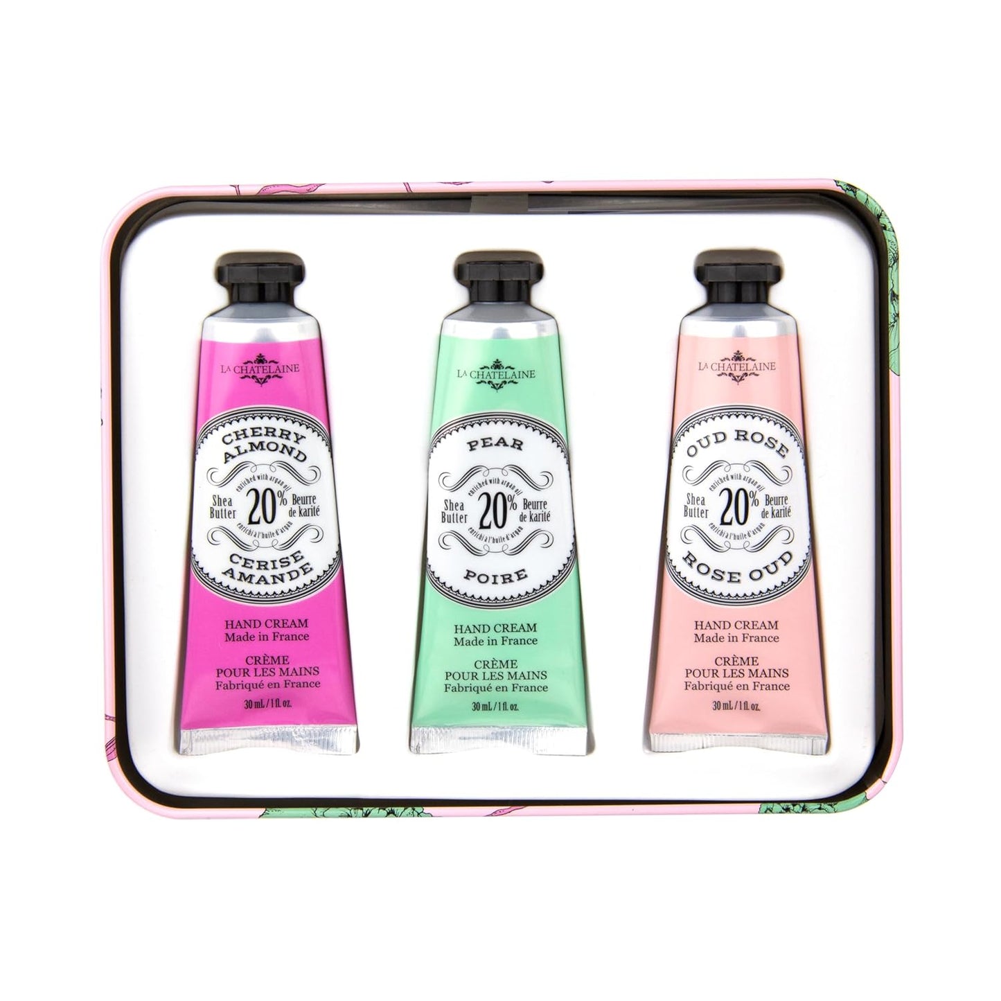 La Chatelaine Rose Hand Cream Trio Tin Gift Set, Ready-To-Gift Tin, Nautral, Made in France with 20% Organic Shea Butter, Nourishing and Moisturizing (Cherry Almond, Pear, Oud Rose)