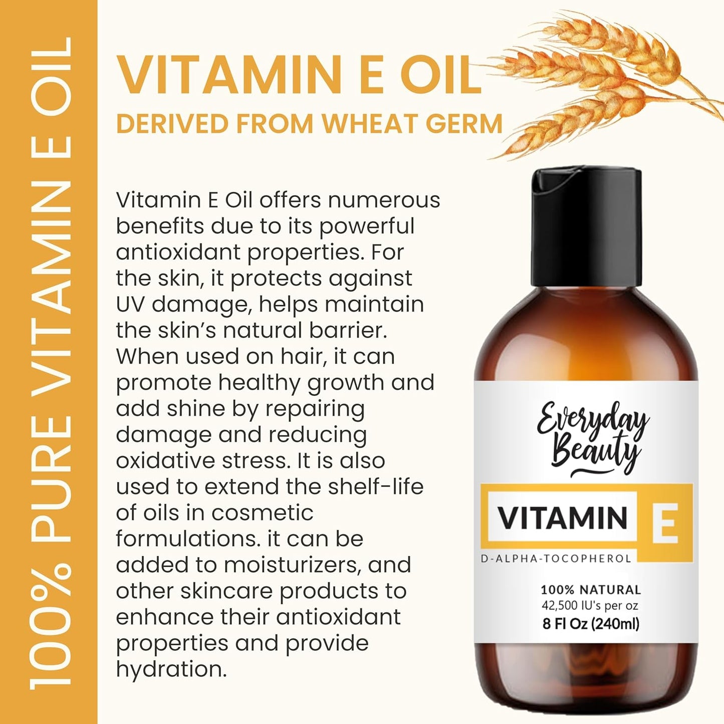 Pure Vitamin E Oil Bulk - 8 oz D-Alpha Tocopherol 100% Pure & All Natural 42,500 IU per oz - Not a Blend, Thick, Amber Color - From Wheat Germ - Face Body Hair - DIY Cosmetics & After Surgery Scars…