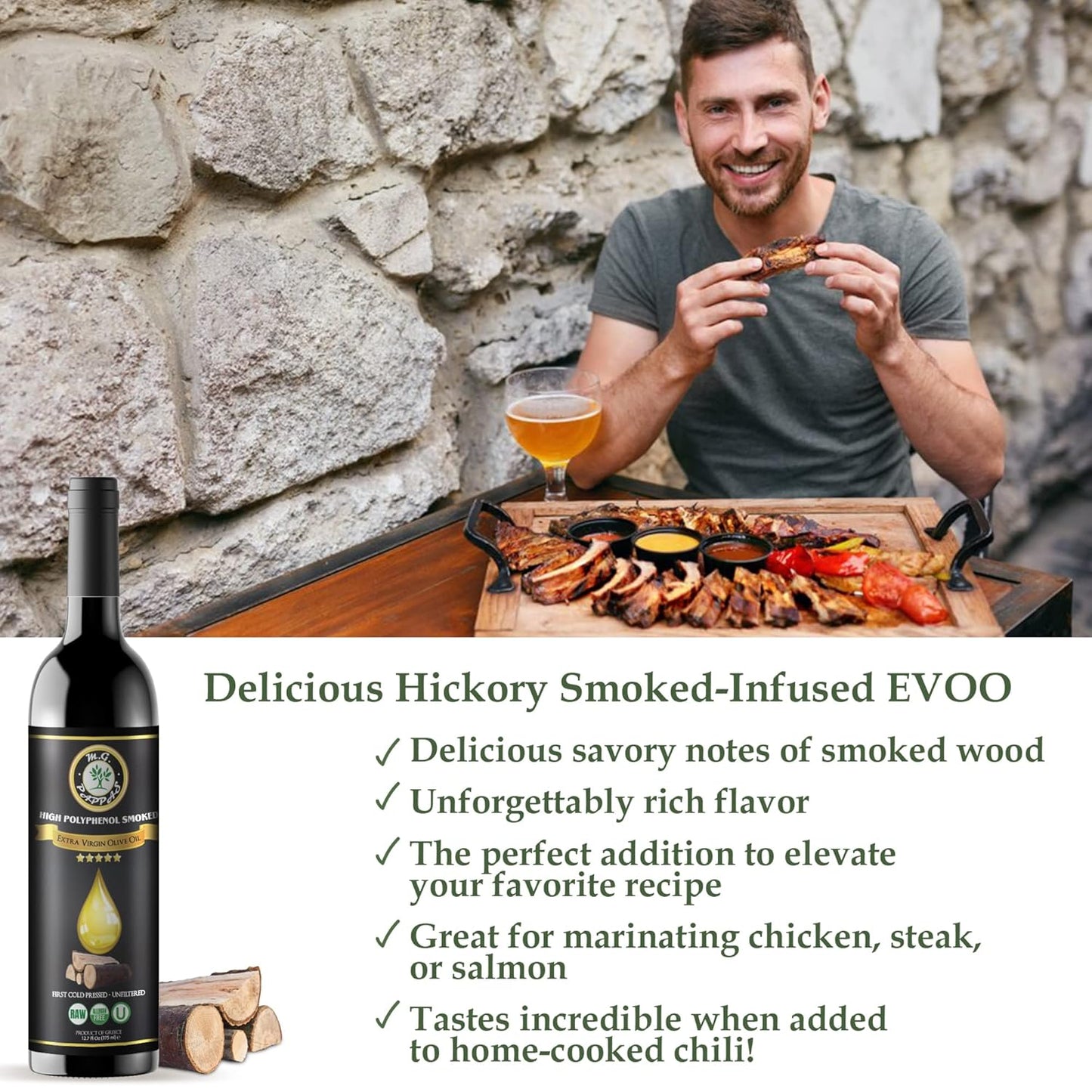 M.G. PAPPAS High Polyphenol Rich Smoked Infused Olive Oil Extra Virgin - Polyphenol Lab Report 650mg/kg- Unfiltered First Cold Pressed Greek EVOO - Award Winning - Smoked Oil Cooking – 12.7 Oz 375ml