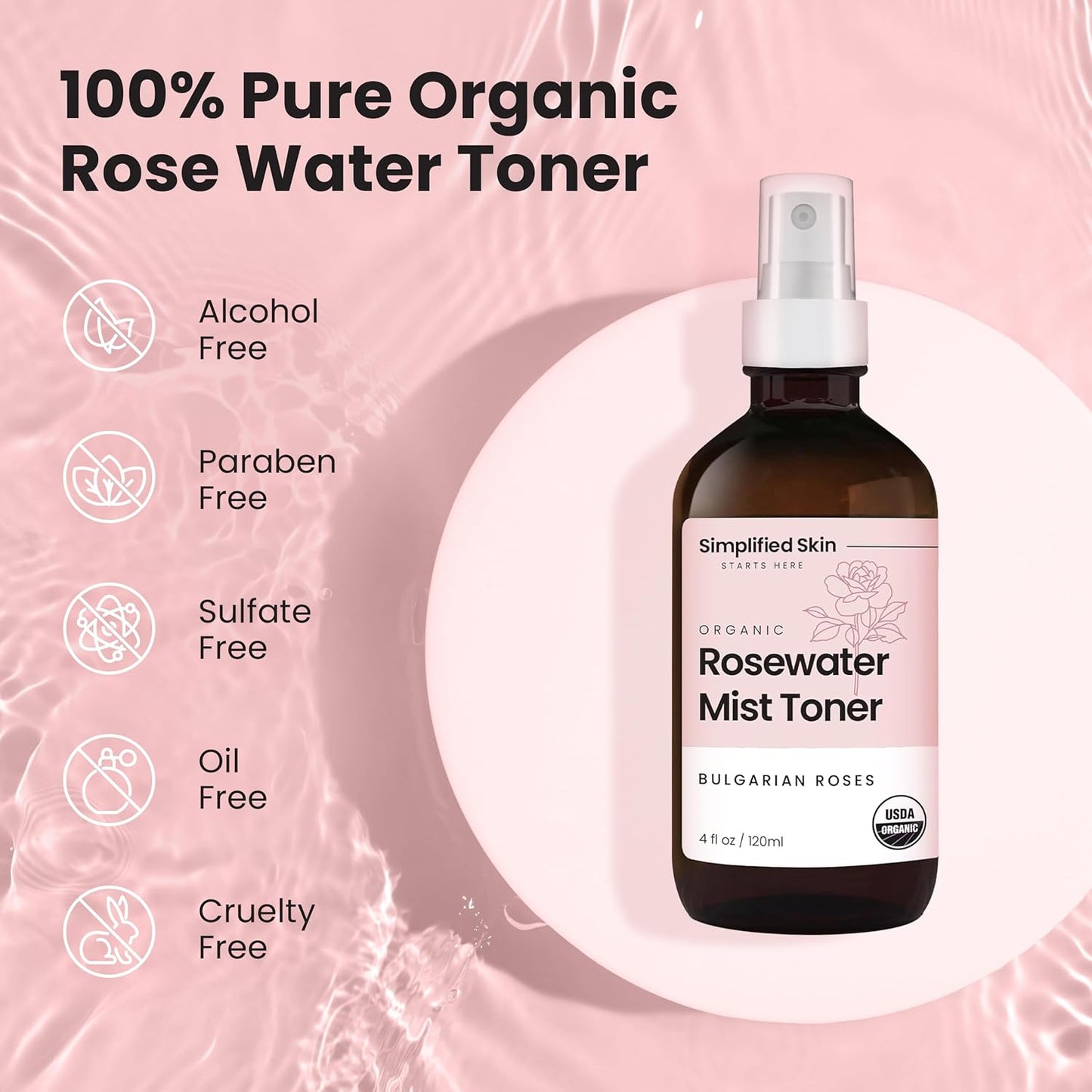 Rose Water Spray for Face & Hair – Pure USDA Organic Rosewater Toner – Refreshing Mist for Skin Care, Makeup & Locs – Natural Rose Scent, 4 Oz