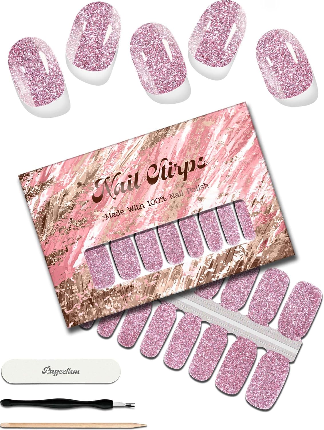 Glitter Nail Polish Strips, 32 Pcs Salon Quality Gel Nail Stickers, Long Lasting Wraps Easy to Use & Remove (Glitter Pale Red)