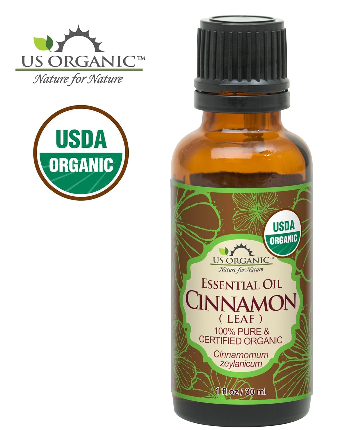 US Organic 100% Pure Cinnamon Leaf Essential Oil - USDA Certified Organic, Steam Distilled - W/Euro Dropper (More Size Variations Available) (30 ml / 1 fl oz)