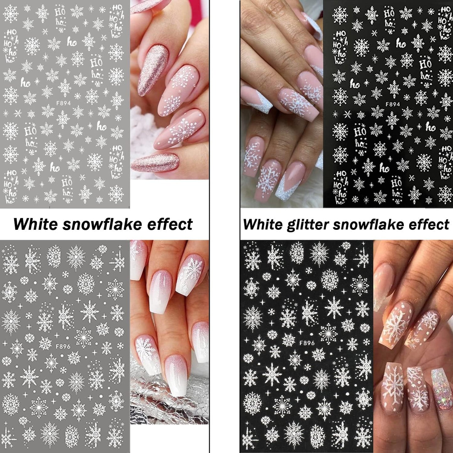 8 Sheets 3D Snowflake Nail Art Stickers Winter Christmas Nail Decals Glitter White Silver Snowflake Nail Stickers Self Adhesive Xmas Snow Nail Design Holiday Christmas Nail Decoration for Women Girls