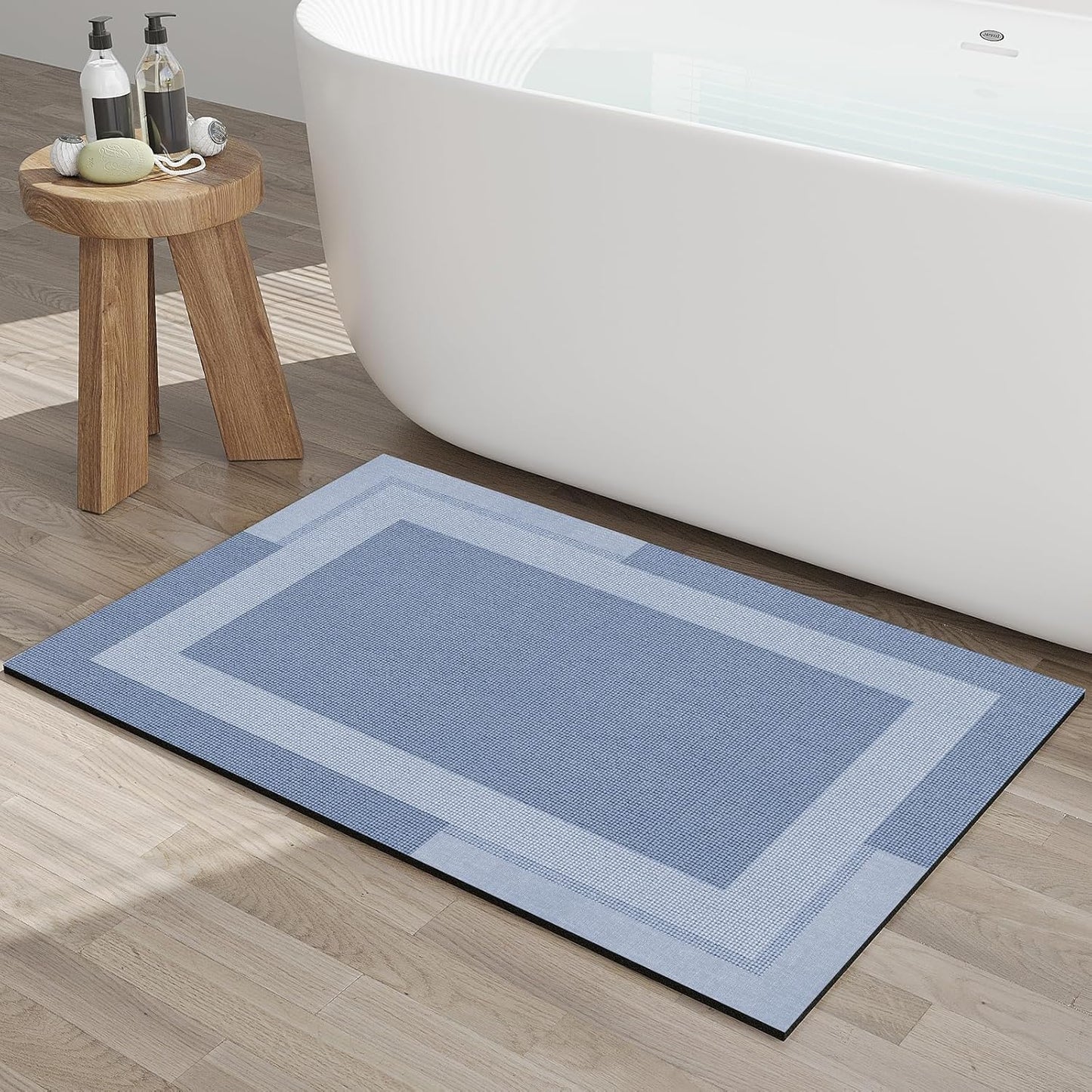 Non Slip Bath Mat, Rubber Backing Ultra Thin Bathroom Rugs Fit Under Door Quick Dry Super Absorbent Washable Bath Rug Shower Mat for Bathroom Floor Bathtub Shower Sink, Easy Care Blue 20"x 32"