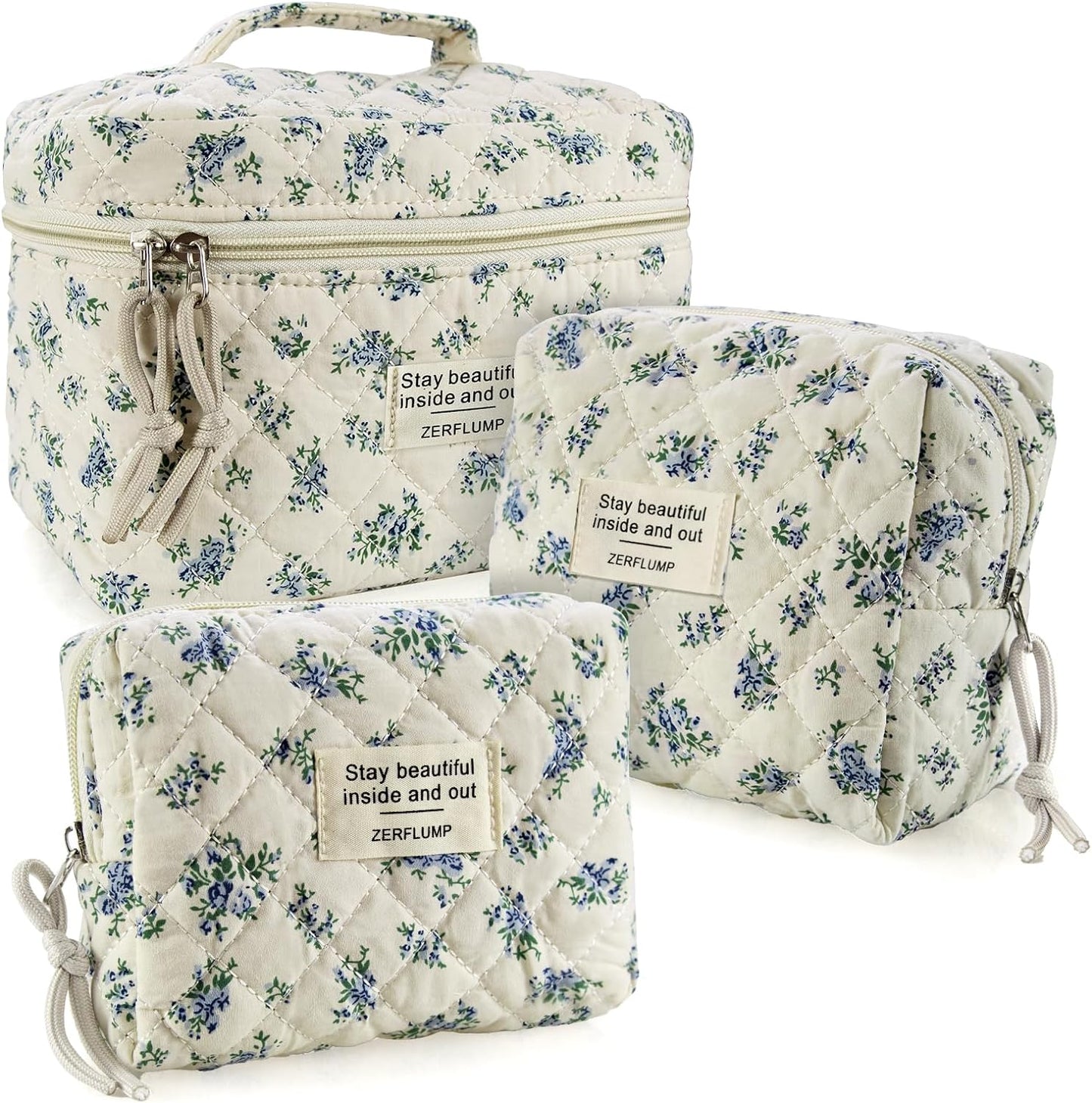 Cute Quilted Floral Makeup Bag(3Pcs)，Coquette Aesthetic Cosmetic Bag，Travel Toiletry Bags， Kawaii Aesthetic pouch for Women (4 - Little Blue Flower)