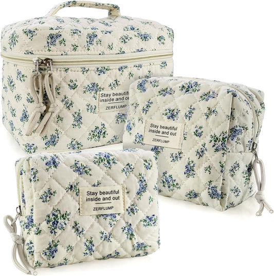 Cute Quilted Floral Makeup Bag(3Pcs)，Coquette Aesthetic Cosmetic Bag，Travel Toiletry Bags， Kawaii Aesthetic pouch for Women (4 - Little Blue Flower)