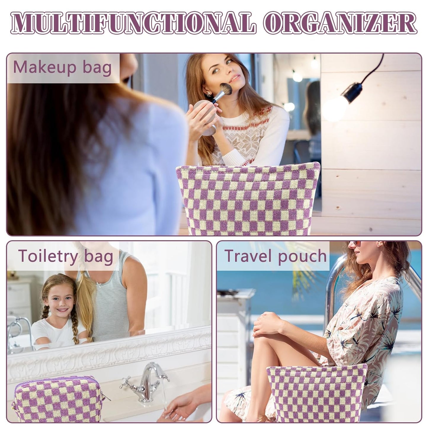 ZLFSRQ 2Pcs Checkered Makeup Bag for Women Large Small Checkered Cosmetic Bag Set Aesthetic Preppy Pencil Case Cute Pencil Pouch Purple Makeup Pouch for Purse Travel Toiletry Bags Zipper Skincare Bags