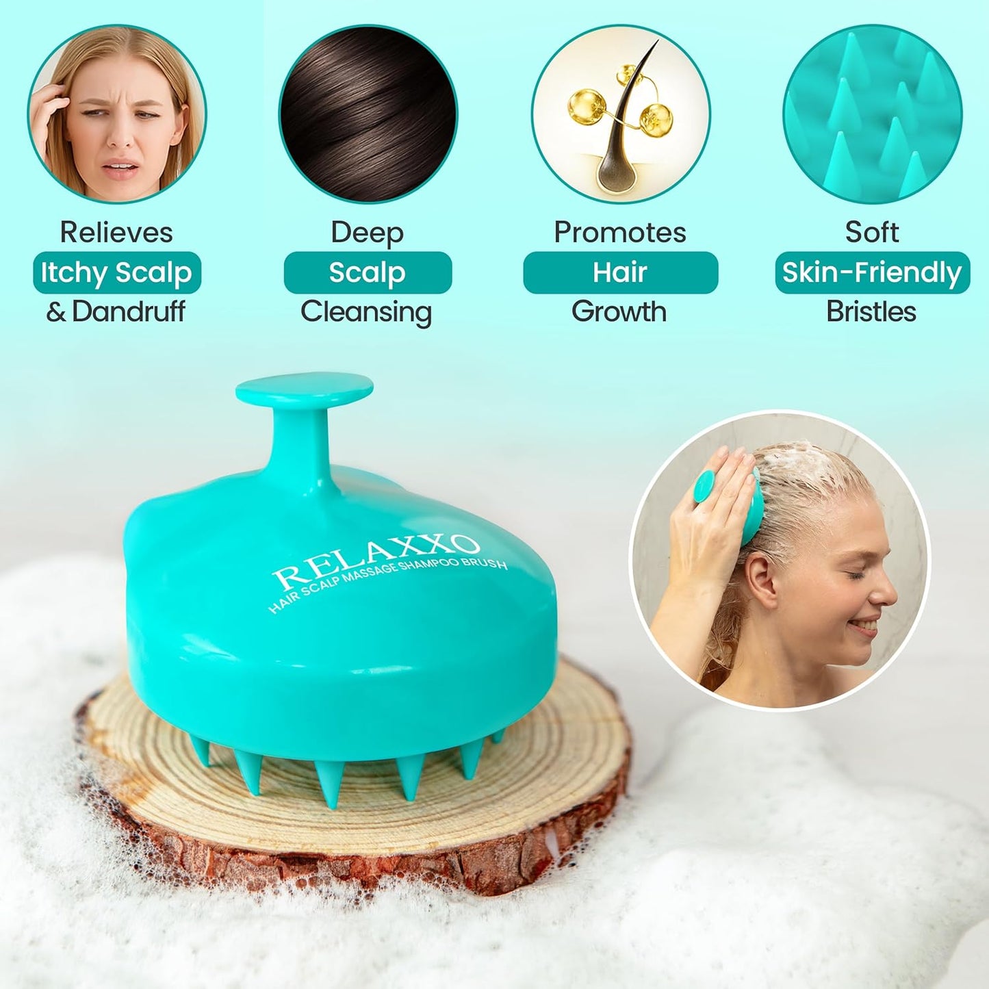 RELAXXO Scalp Massager Hair Growth – Exfoliator & Hair Scrubber for Scalp, Soft Bristles for Dandruff & Soothing Comfort, Shampoo Brush, Wet & Dry Use, Green