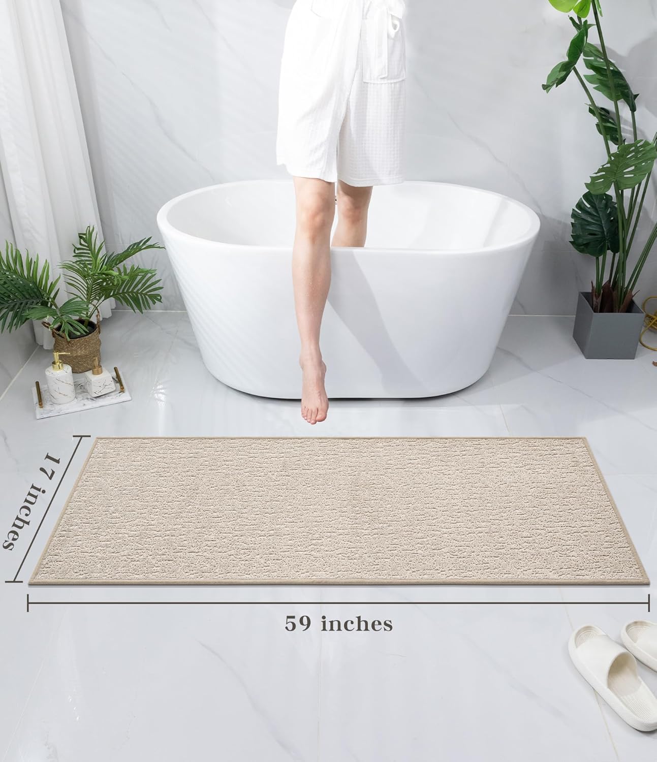 chakme Bathroom Rugs Mat 59x17, Ultra Thin Non Slip Bath Mat Quick Dry Absorbent Bath Mat for Bathroom Floor, (Light Beige, 59"x17")