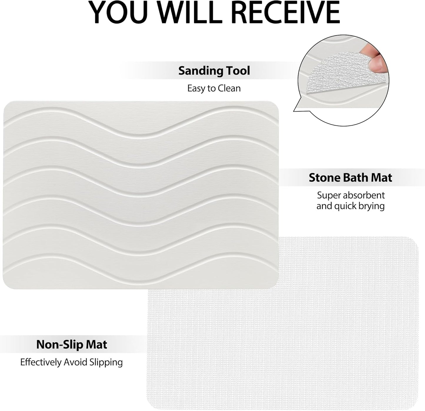 Absorbent Stone Bath Mat, Diatomaceous Earth Shower Mats, Non-Slip Water Absorbing Diatomite Stone Mat for Bathroom Floor, Quick-Drying Easy to Clean (23" x 16" White)