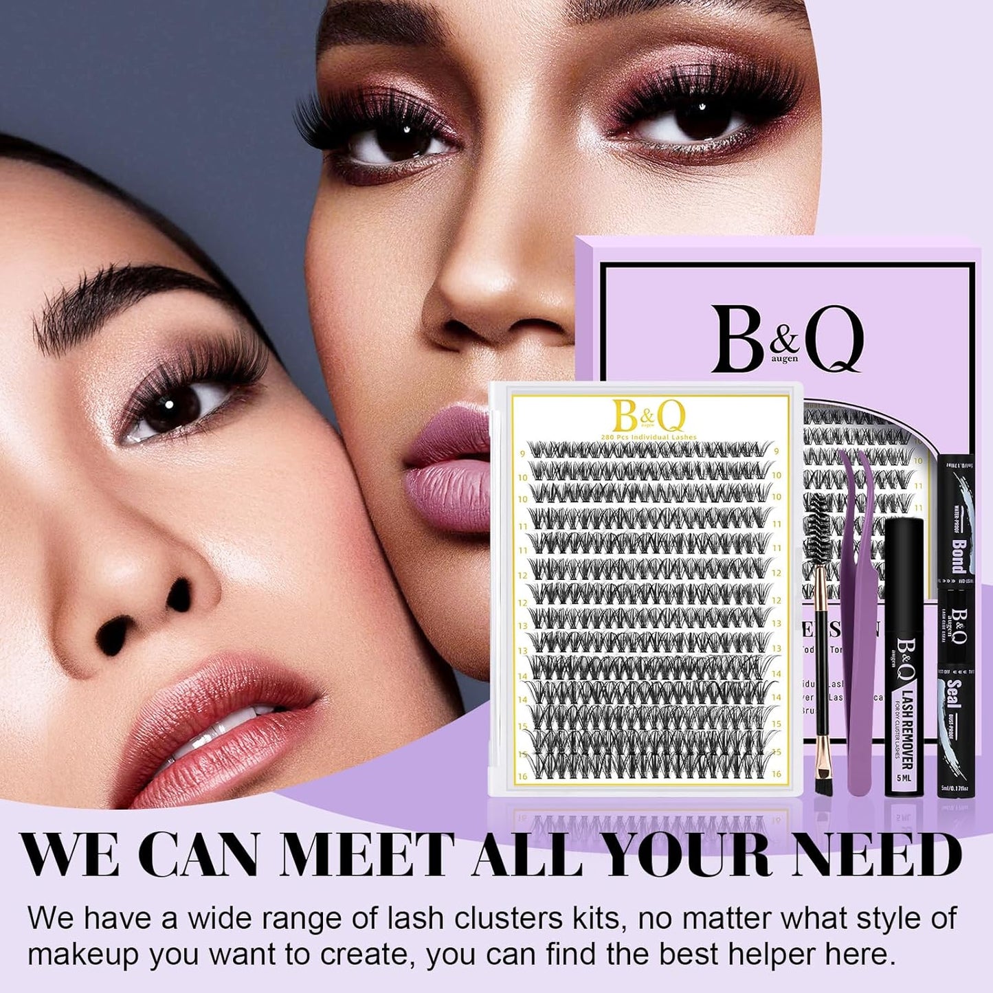 B&Q Lash Clusters Kit 280PCS Eyelash Clusters Kit,40D C 9-16MIX Individual Lash Comfortable Eyelash Extension Set, Classic Look with Bond and Seal Waterproof, Remover DIY at Home(Set,40D-C)