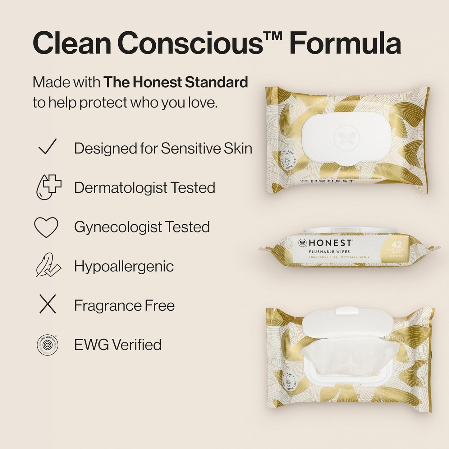 The Honest Company Flushable Wipes for Sensitive Skin | Fragrance Free, Hypoallergenic, 99% Water, Safe to Flush | pH Balanced Feminine Wipes | Gilded Wings, 126 Count