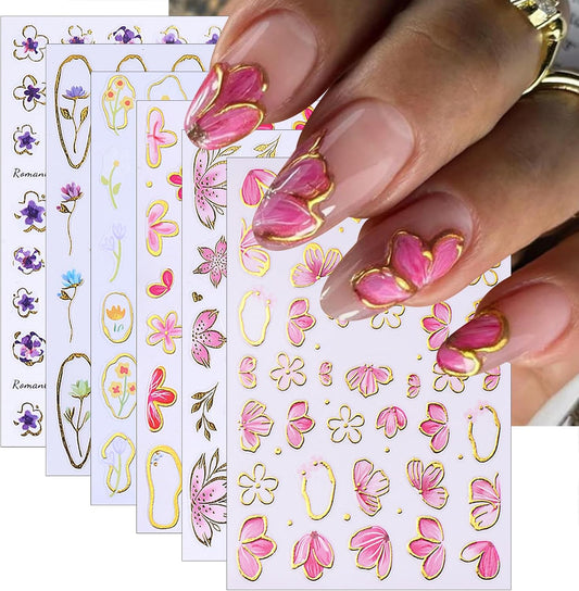 6 Sheets Spring Nail Art Stickers 3D Self-Adhesive Gold Edge Flowers Pink Cherry Blossoms Pattern Pink Petal Floral Golden Circle Bow Design Nail Decals for Women Spring DIY Nail Art Decorations