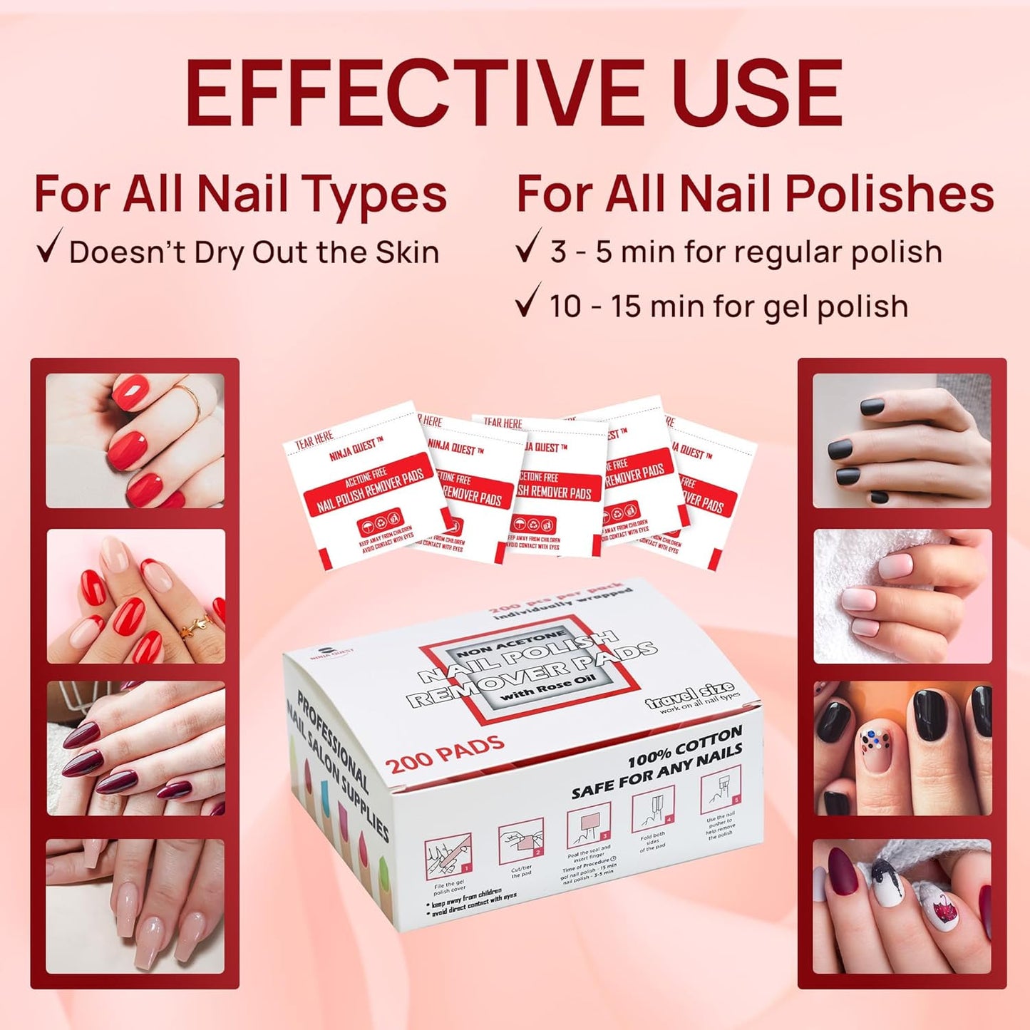 Nail Polish Remover Pads 100% Non Acetone - 200 Pack of Individually Wrapped Bulk Set Gel Nail Polish Remover Wipes - Fingernail Travel Kit to Clear Nail Polish for Home & Professional Removal