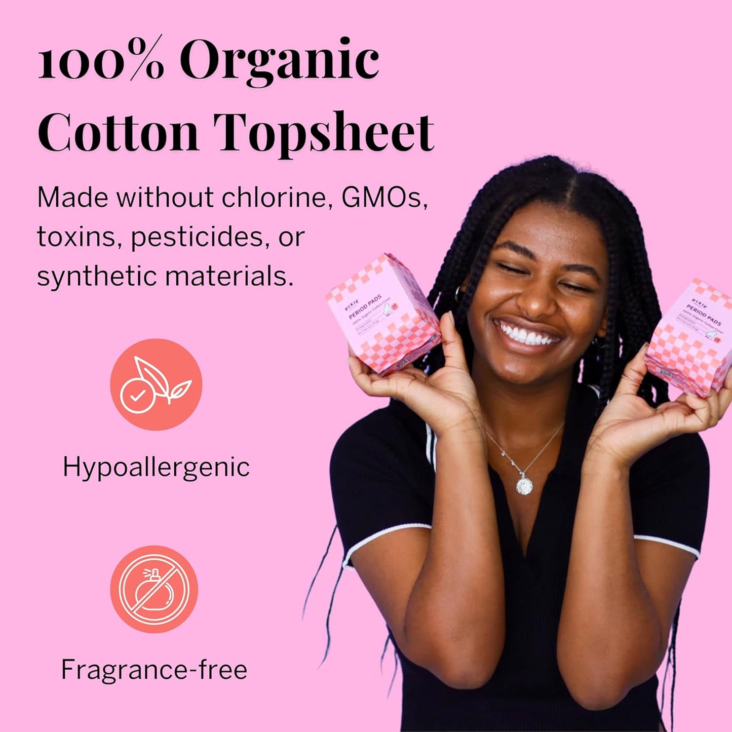 Pixie Organic Cotton Mini Pads with Wings for Women & Teens - Ultra Thin, Light Absorbency Menstrual Pads - Hypoallergenic, Unscented & Biodegradable - 16 Count