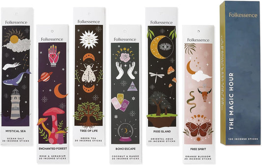 Folkulture Incense Sticks | Set of 6 (120 Organic Insence-Sticks) for Positive Aura with 45 Mins Burn Time | Non Toxic Coconut Mango, Aqua, Green Tea, Rose Geranium, Orange Blossom Inscents-Sticks