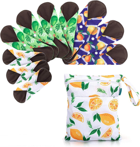 Teamoy 10pcs Cloth Panty Liners, Reusable Sanitary Pads with Wet Bag, Washable Cloth Menstrual Pads with Charcoal Absorbency Layers (Lemon Series, 3pcsx7.9+ 4pcsx10+ 3pcsx11.6)