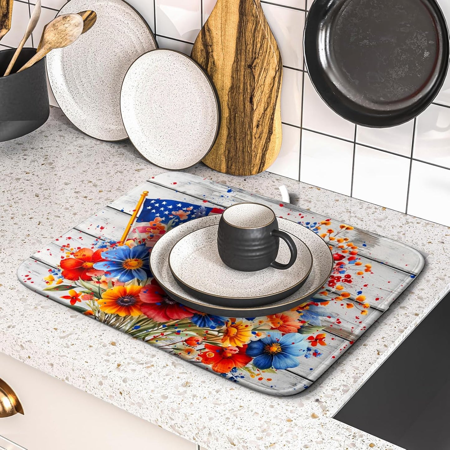 4th of July Dish Drying Mat 16x18 inch Patriotic Floral Fast Dry Microfiber Reversible Dish Drainer Rack Pad Kitchen Counter Accessories