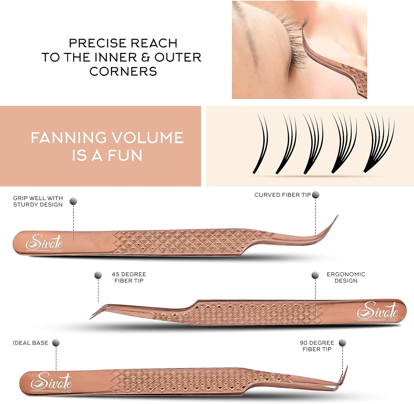 SIVOTE Eyelash Extension Tweezers Fiber Tips, Set of 6, Curved, Dolphin, 90 Degree 45 Degree, Volume Boot & Slight Curved Tweezer, Rose Gold