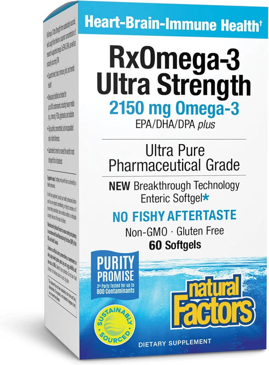 Natural Factors RxOmega-3 Ultra Strength Fish Oil with Vitamin D3, High Potency Formula, 2,150 mg, No Fishy Aftertaste, 60 Softgels