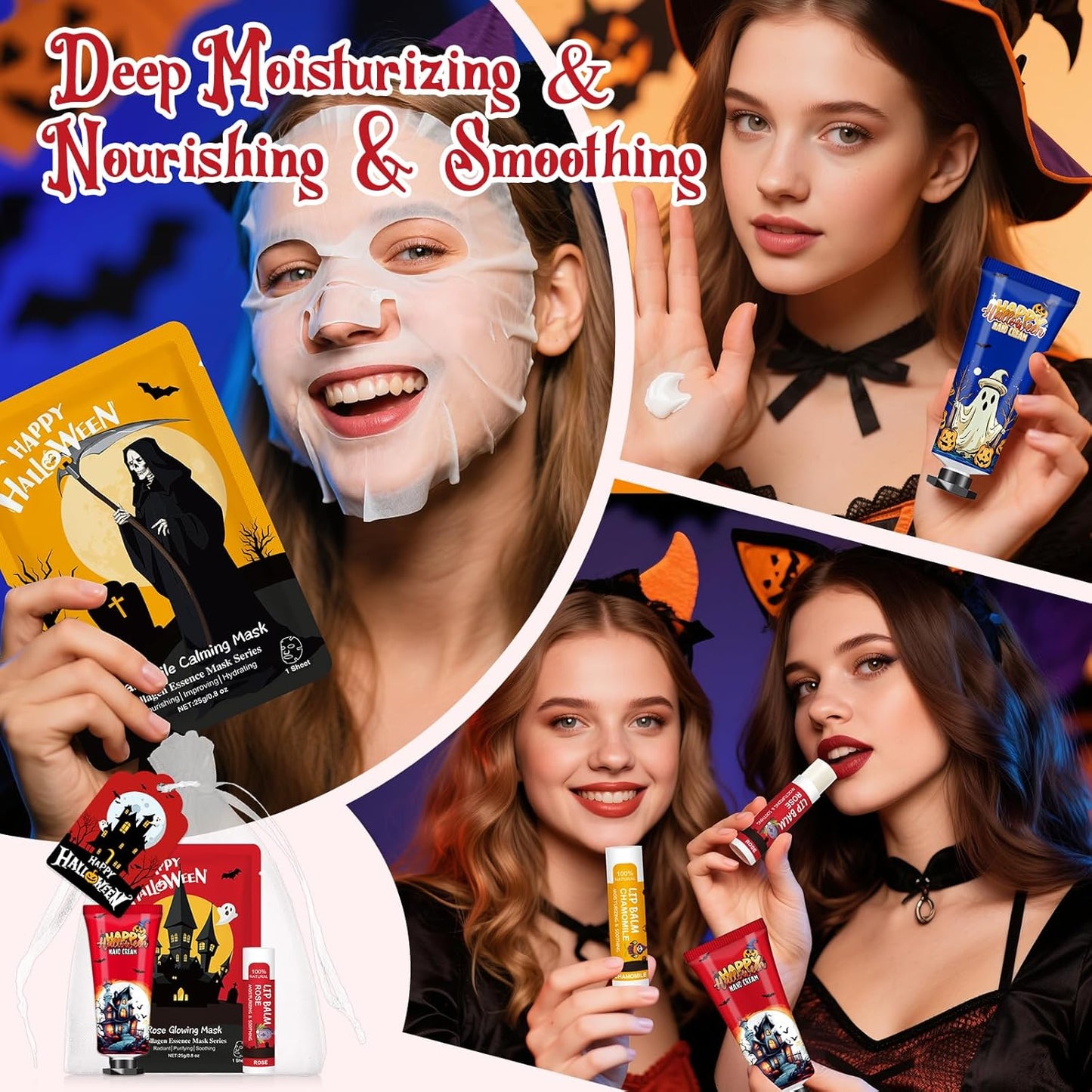 60 Pack Bulk Halloween Facial Mask, Hand Cream and Lip Balm Sets, Halloween Gifts, Halloween Party Favors, Halloween Decorations and Halloween Basket Stuffers with Halloween Card and Organza Bags