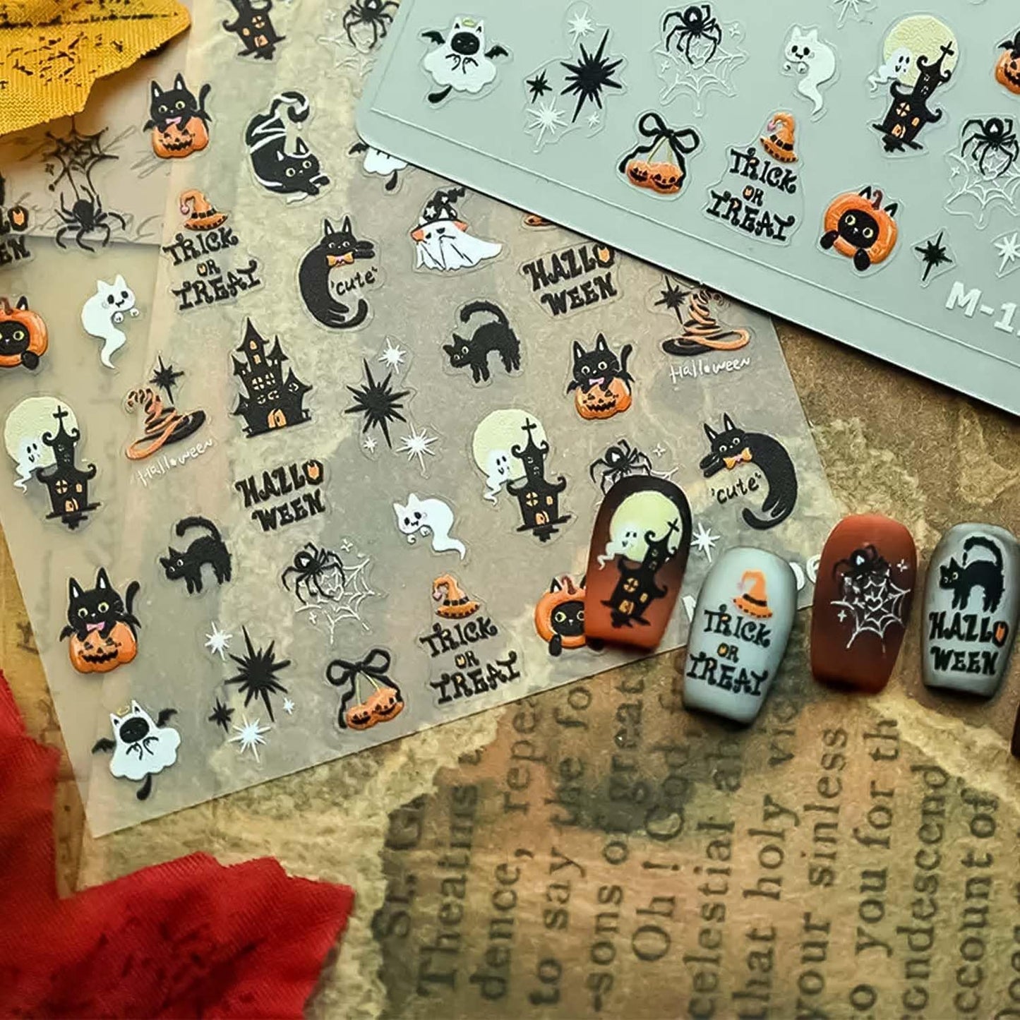 5D Embossed Halloween Nail Stickers for Nail Art Cute Nail Art Decals Self-Adhesive Pumpkin Nail Decals Design Manicure Supplies Black Cat Nails Decoration Accessories for Women Girls