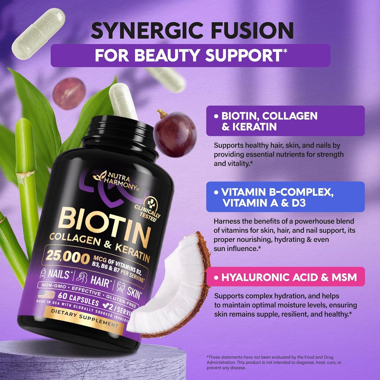 Biotin | Collagen | Hyaluronic Acid | Keratin - Clinically Tested Supplement - Hair Growth Support, Skin & Nails - 25000 mcg Vitamins B2, B3, B6 & B7 + B1 - Made in USA - Women & Men | 60 Capsules