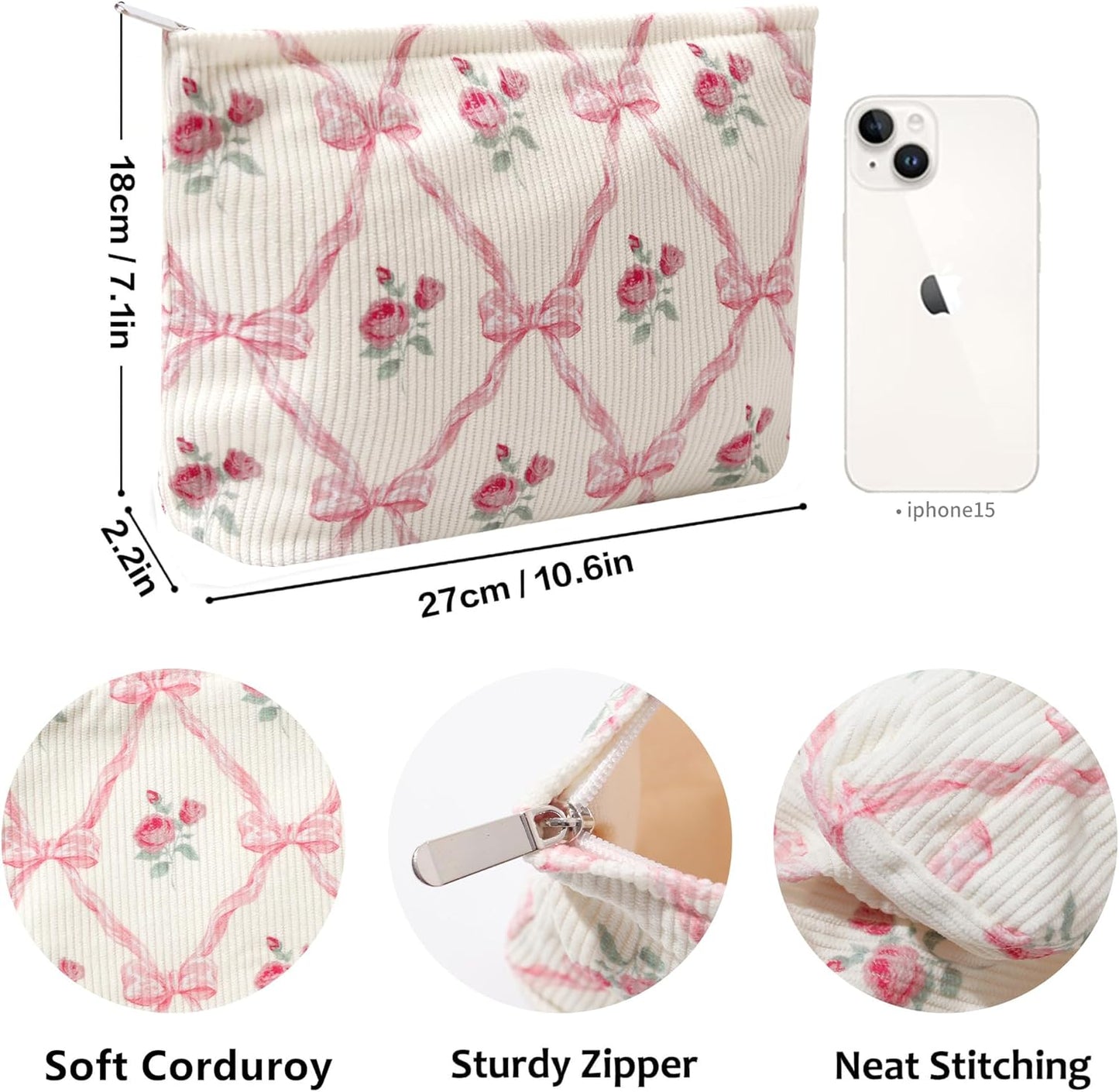 Cosmetic Bags for Women - Corduroy Cosmetic Bag Aesthetic Women Handbags Purses Smile Dots Makeup Organizer Storage Makeup Bag Girls Case Bags (Flowers-Cherry)