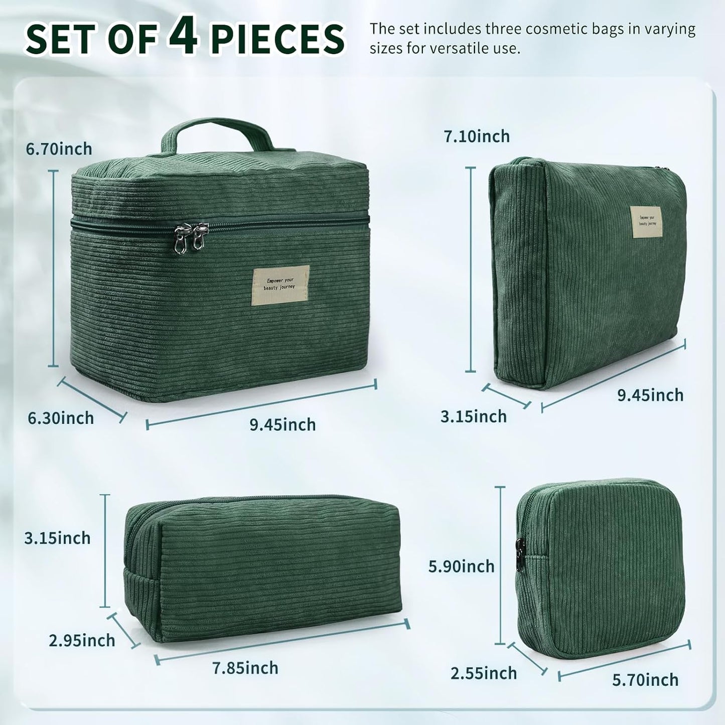 4 Pcs Makeup Bag for Women Corduroy Cosmetic Bag Aesthetic Cute Bags Multi Size Purse Pouch Travel Toiletry Bag Set Makeup Organizer with Zipper(Green)