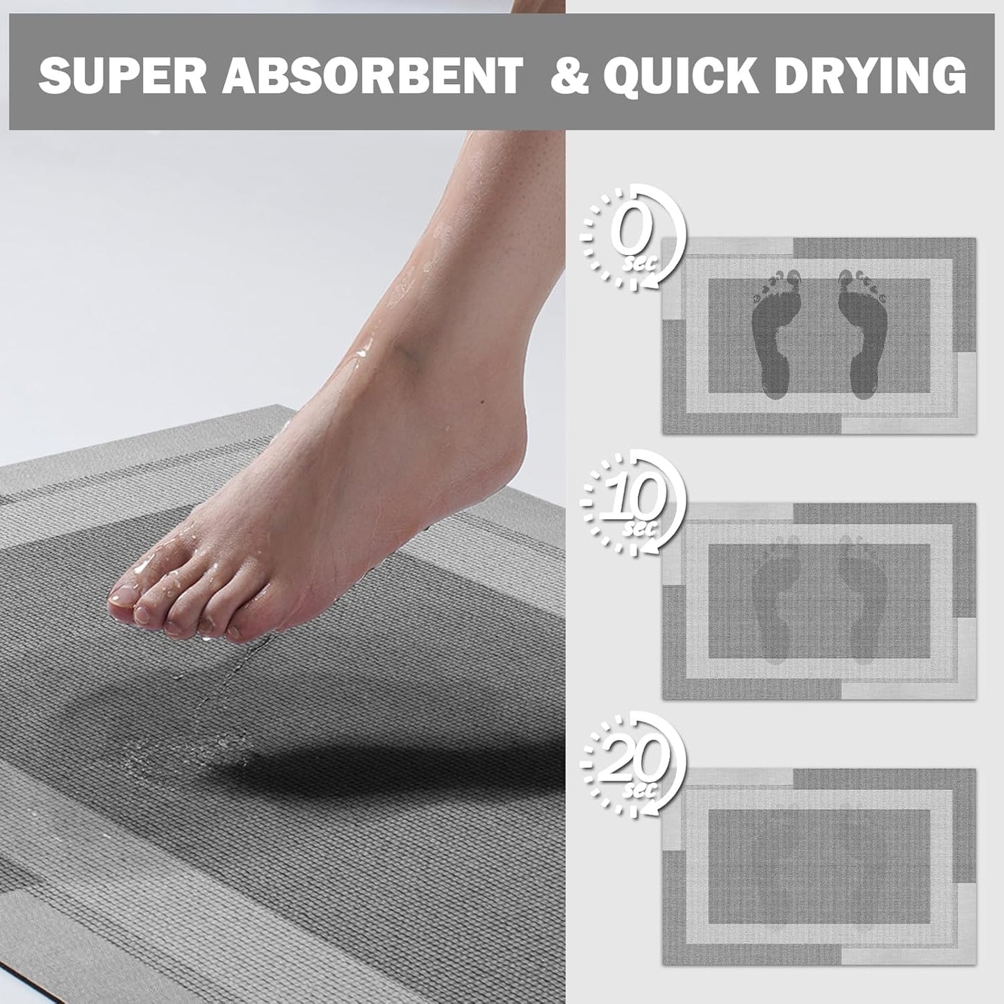 Non Slip Bath Mat, Rubber Backing Ultra Thin Bathroom Rugs Fit Under Door Quick Dry Super Absorbent Washable Bath Rug Shower Mat for Bathroom Floor Bathtub Shower Sink, Easy Care Gray 16"x 24"