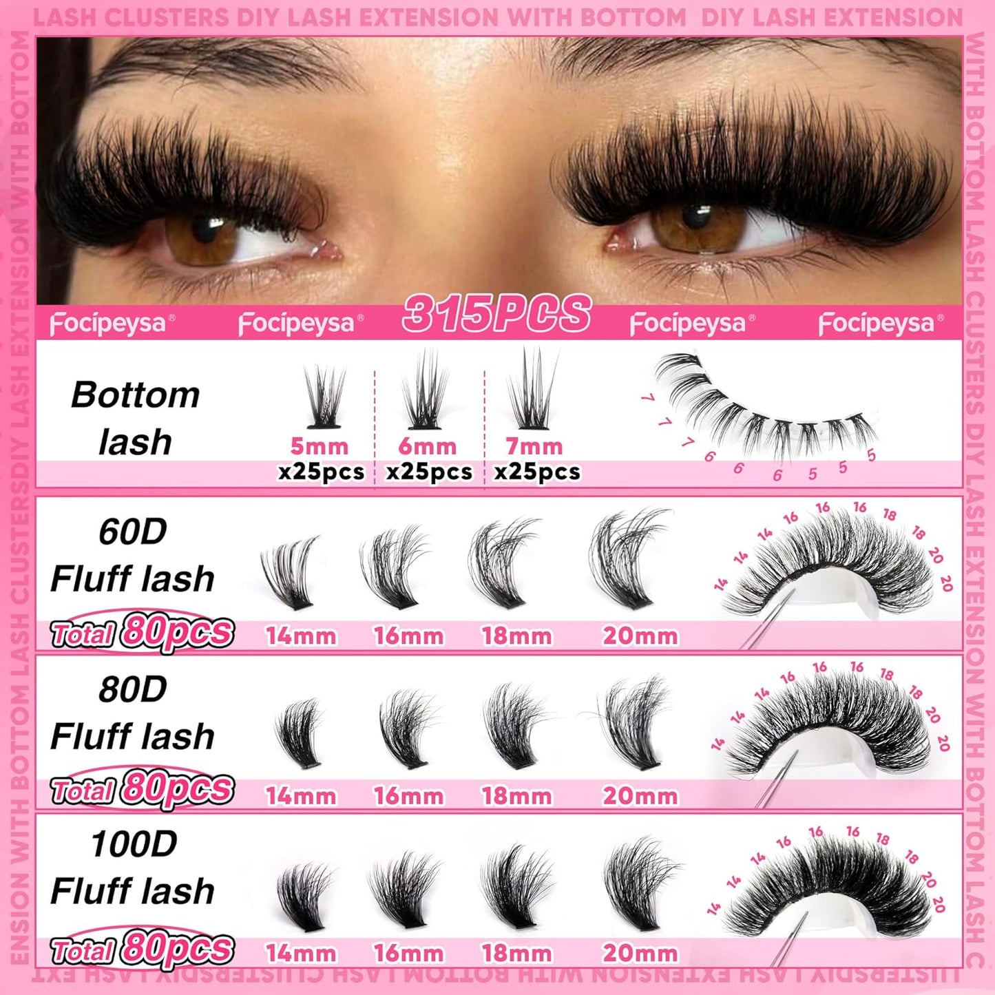 Focipeysa Cluster Eyelash Extensions Fluffy Eyelash Clusters with Bottom Lashes 14-20mm Lash Clusters 315pcs Individual Eyelash DIY Lash Extension for Beginners (60D 80D 100D Mixed)