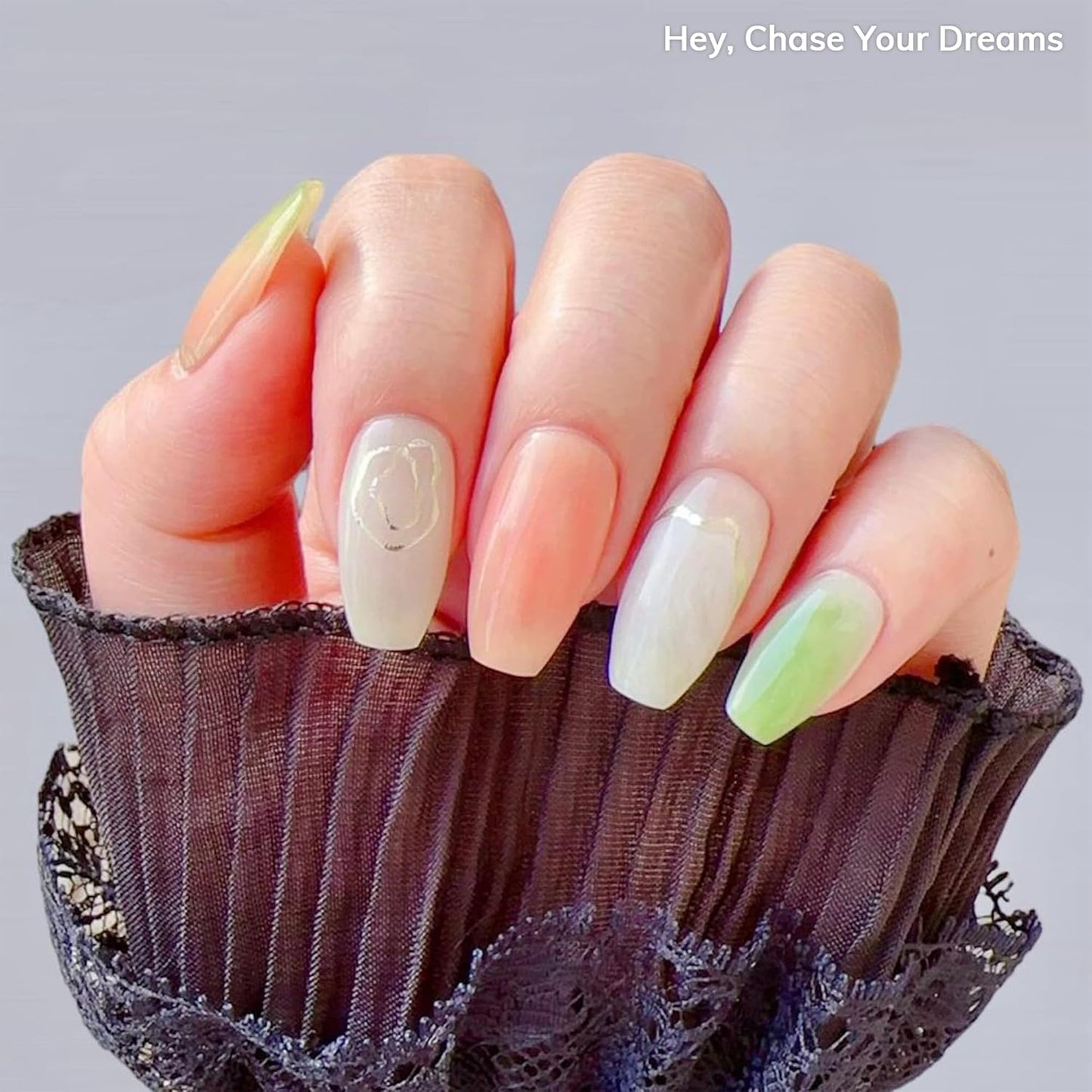 Semi Cured Gel Nail Strips | No LED Lamp Needed | Marble, Glitter, Spring | Easy Apply & Remove, Salon Quality |Includes 28 Strips, 1 Prep Pads, Nail File & Wooden stick- Hey, Chase Your Dreams